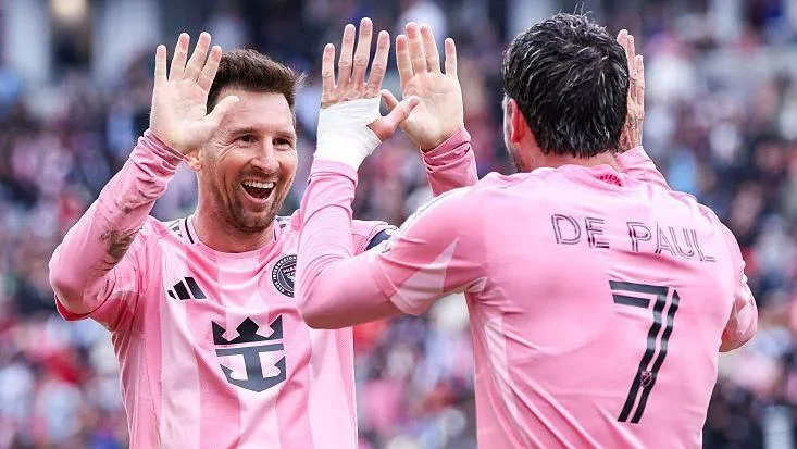 Lionel Messi celebrates with Rodrigo de Paul after scoring for Inter Miami at Toronto in May 2026